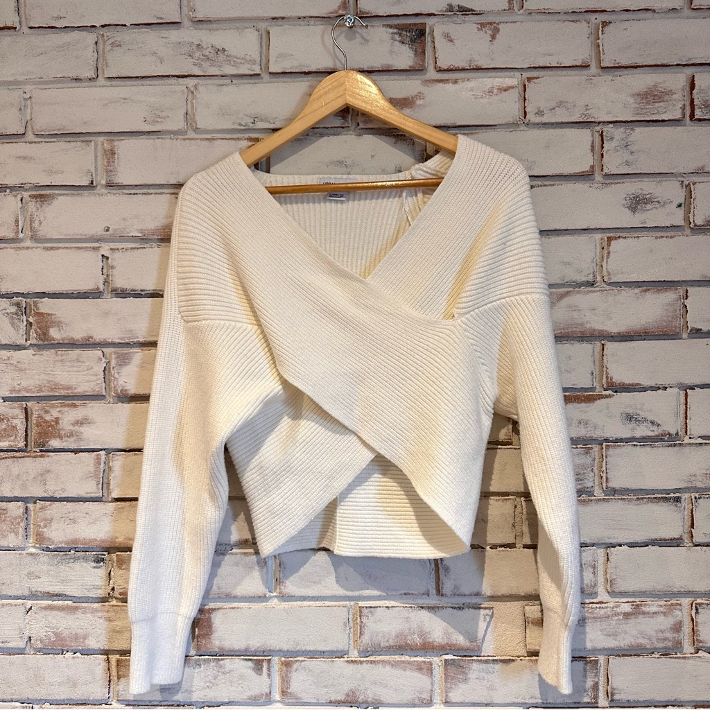 Urban Revivo Cream Cross-Front Ribbed Knit Sweater